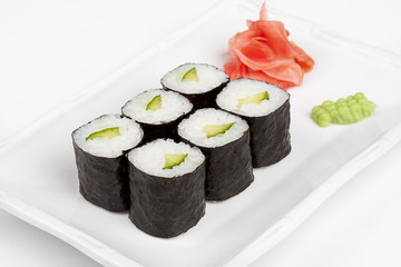 Sushi roll with cucumber and cheese.