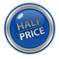 Half price circular icon on white background