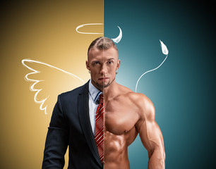 Attractive man in a business suit and without it on yellow-blue