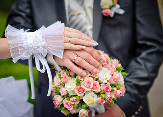 Wedding rings on hands of bride and groom