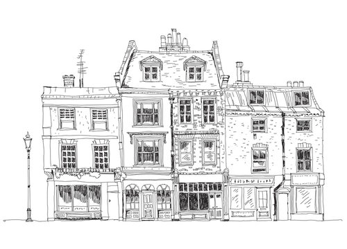 Fototapeta Old English town houses with shops on the ground floor. Sketch c