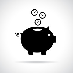 Piggy bank icon with clocks falling in.