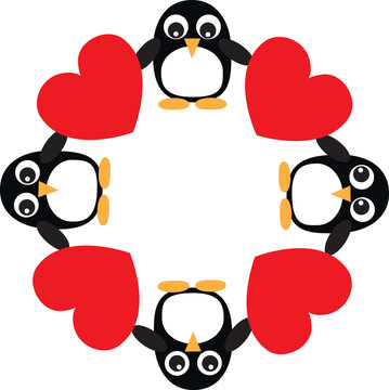 a frame of penguins and hearts