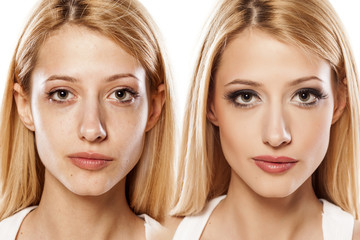 Comparison portrait of a woman without and with makeup