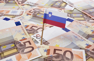 Flag of Slovenia sticking in 50 Euro banknotes.(series)