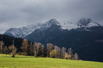 Austrian countryside with mountains 