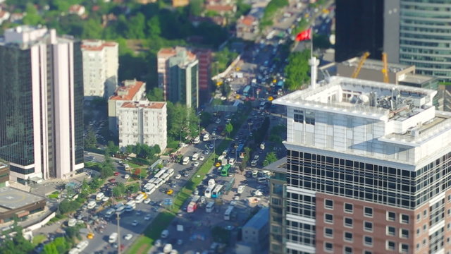 Aerial view to freeway with traffic jam in Istanbul, Turkey. Video with miniature fake effect using tilt&shift lens.