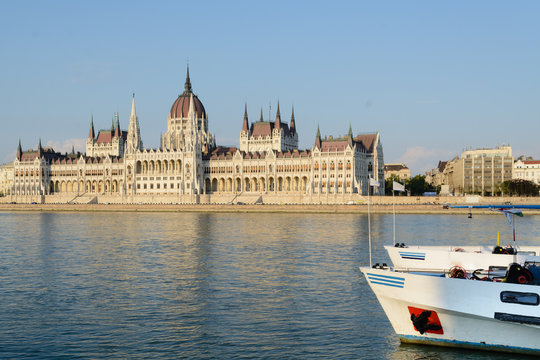 Hungarian parliament along Danube river in Budapest
