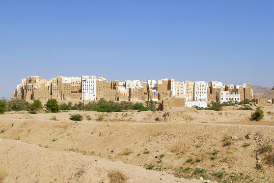 Mud brick tower houses town of Shibam, Hadramaut valley, Yemen.