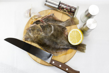 raw fish on a cutting board and knife