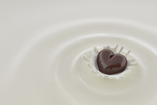 Chocolate heart falls into milk