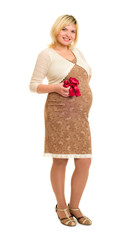 Pregnant woman in brown dress with red bow