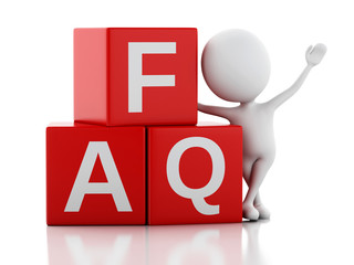 3d white person standing next to FAQ on white background