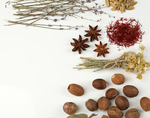 Fototapeta na wymiar Different spices and herbs isolated on white