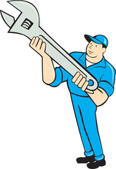 Mechanic Presenting Spanner Wrench Cartoon