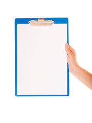 Female hand holds clipboard with empty blank sign
