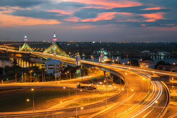 Fototapeta na wymiar Highway and Suspension bridge in Bangkok ,Thailand