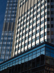 Facades of dynamic skyscrapers in the center of Frankfurt, Germa