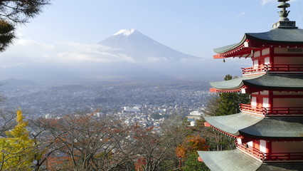 Image of the sacred mountain of Fuji in the background of blue s