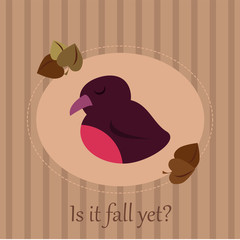 Cute seasonal card with a sleepy bird on a striped background