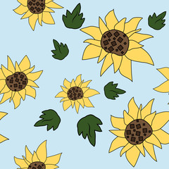 Beautiful summer sunflower pattern on blue background
