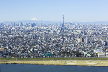 富士山と東京スカイツリーと東京都心全景 2015年1月 江戸川