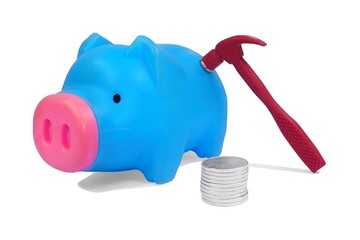 Piggy bank with coins and hammer - money finance savings concept