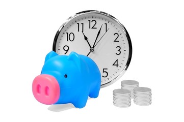 Piggy bank with coins and clock - time money concept
