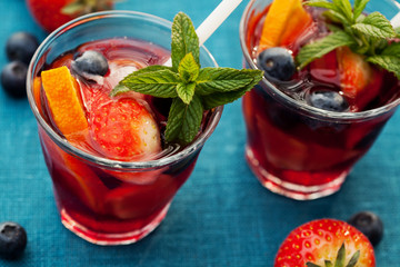 Refreshing sangria (punch) with fruits, picnic idea