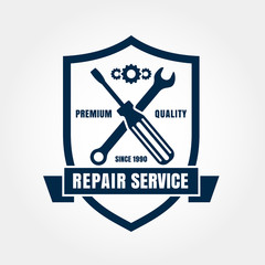 Vintage style car repair service shield label. Vector logo desig