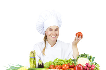 beautiful young chef woman prepare and decorating tasty food in