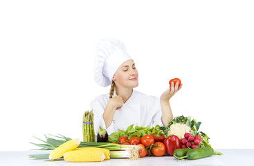 beautiful young chef woman prepare and decorating tasty food in