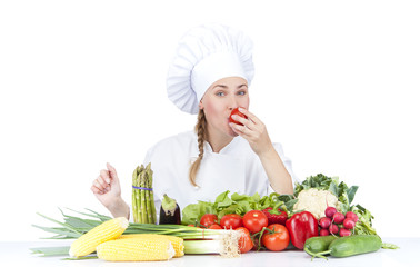 beautiful young chef woman prepare and decorating tasty food in