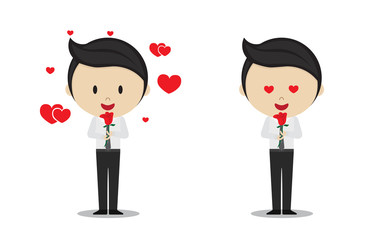 Cute man student in love giving and receiving rose vector