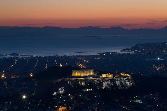 Blue Hour in Athens with the Acropolis Illuminated