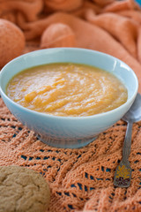 Dietary pumpkin porridge in the blue plate