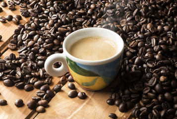 cup of coffee on the wooden table