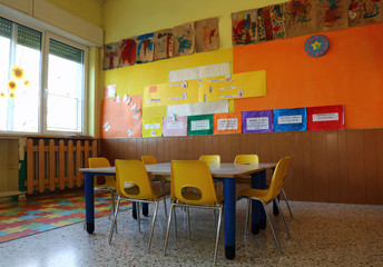 kindergarten classroom with chairs and table with drawings of ch