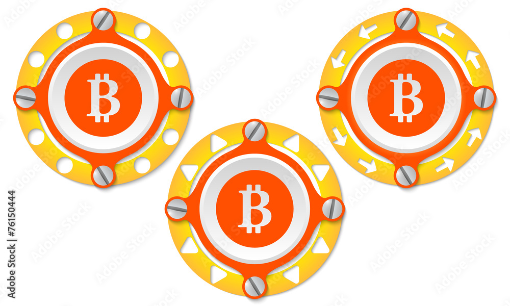Poster set of three icons with perforated ring and bit coin symbol