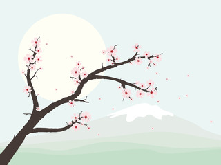 Landscape with cherry blossom branch vector