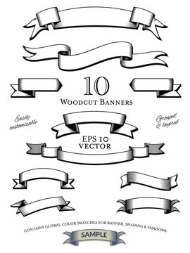 Woodcut engraved banners vector collection