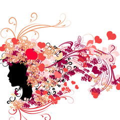 Female silhouette with floral hairstyle and Valentine's hearts