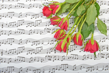 Bouquet of red roses on a background of music notes