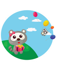 cute raccoon withcolorful balloons