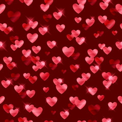 Glowing red hearts sequins background.