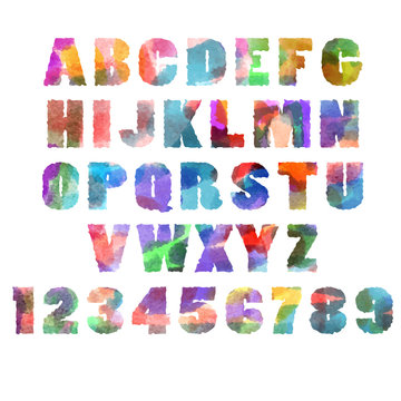 Alphabet letters with watercolor or aquarelle texture. Font.
