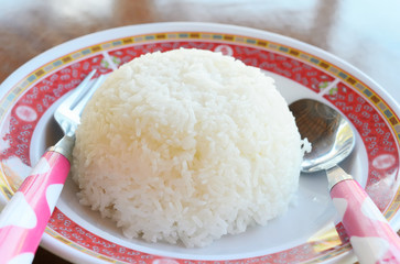 Cooked Rice with spoon and fork