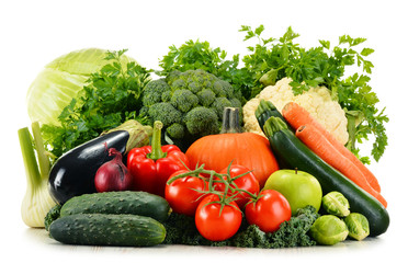 Assorted raw organic vegetables isolated on white