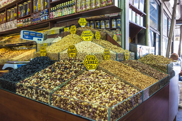 Nuts and spices on display in the Turkish market