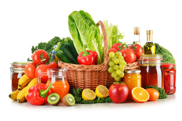 Composition with variety organic vegetables and fruits in wicker © monticellllo